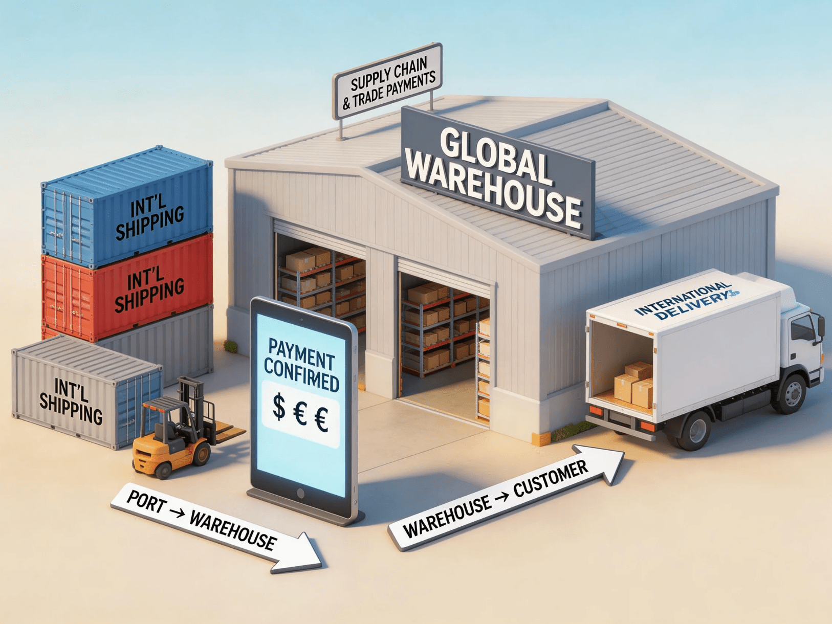 貨櫃與跨境物流倉儲，象徵外貿收款與供應鏈