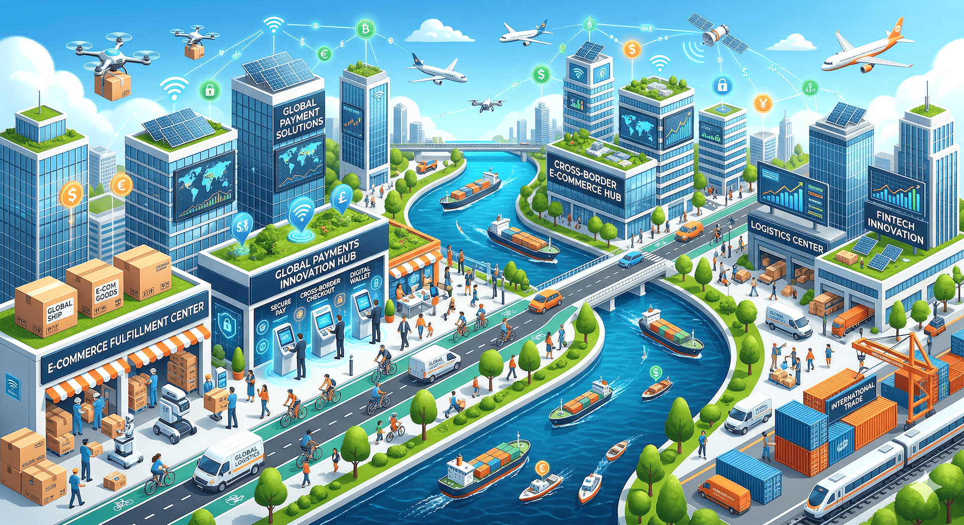 全球支付與跨境商務等距插畫主視覺